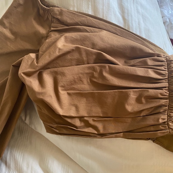 Zara Pecan Ruched Off Shoulder Crop Top Puff Long Sleeve Blouse - Picture 2 of 5